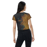 Trendy Harmonious Hymn crop top with unique all-over print, ideal for fashion-forward